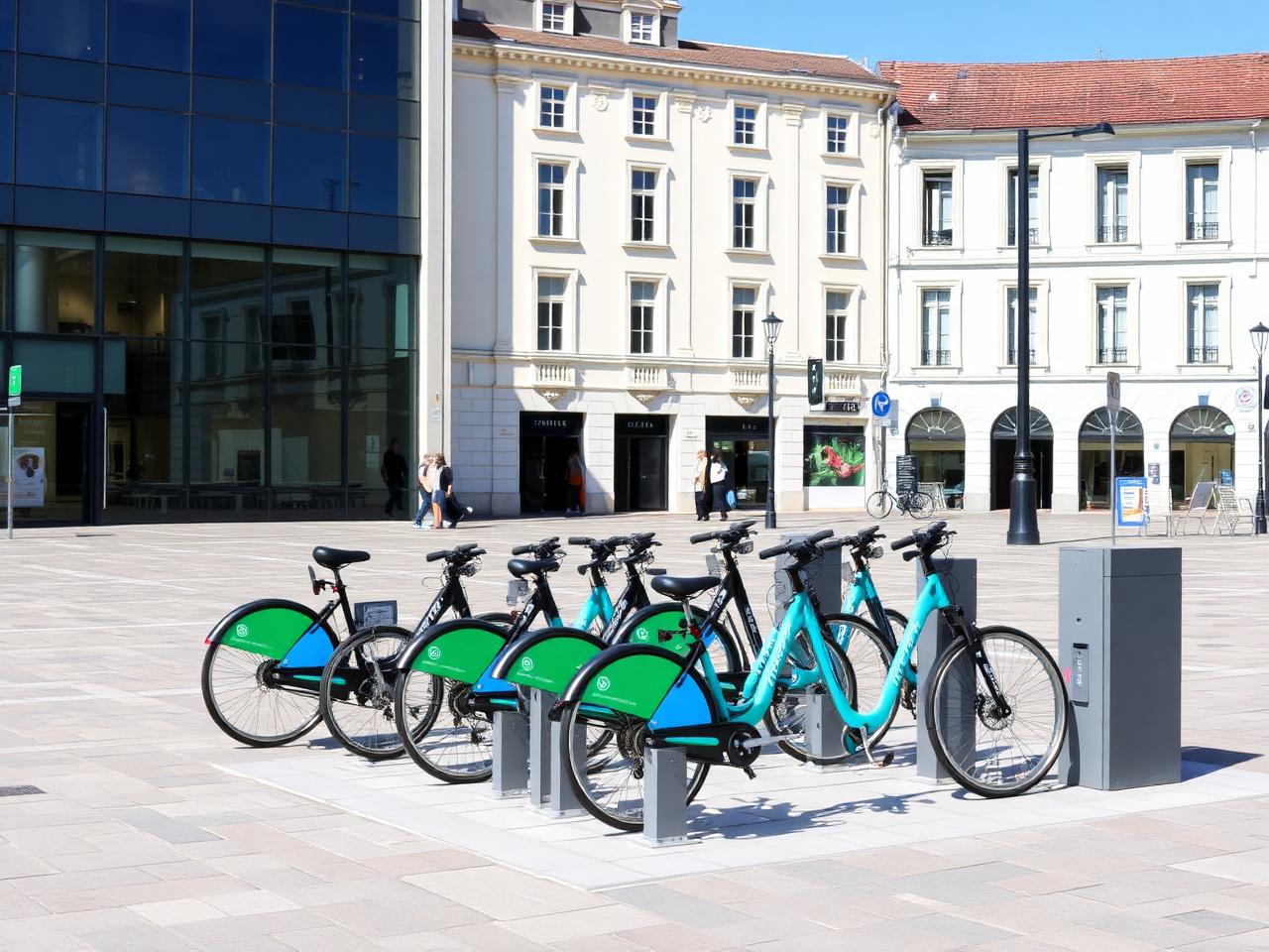 Bicicletas públicas en un espacio urbano peatonal